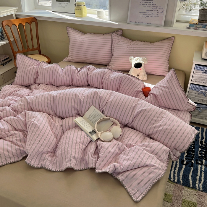 91家纺网 家纺一手货源 找家纺 （总）XIWEN-希文家纺 2026新款40支全棉色织水洗棉贝壳边四件套