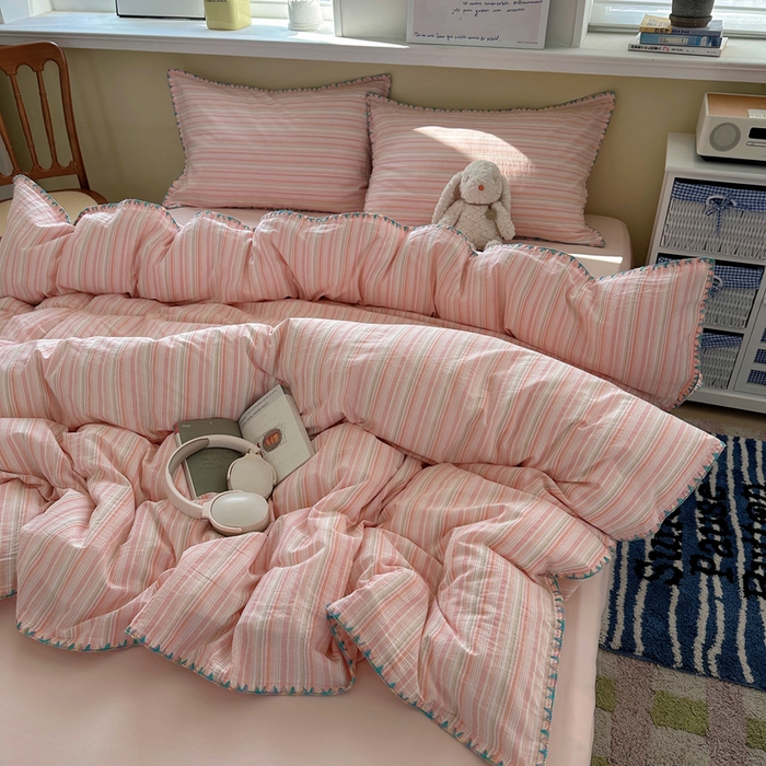 91家纺网 家纺一手货源 找家纺 （总）XIWEN-希文家纺 2026新款40支全棉色织水洗棉贝壳边四件套