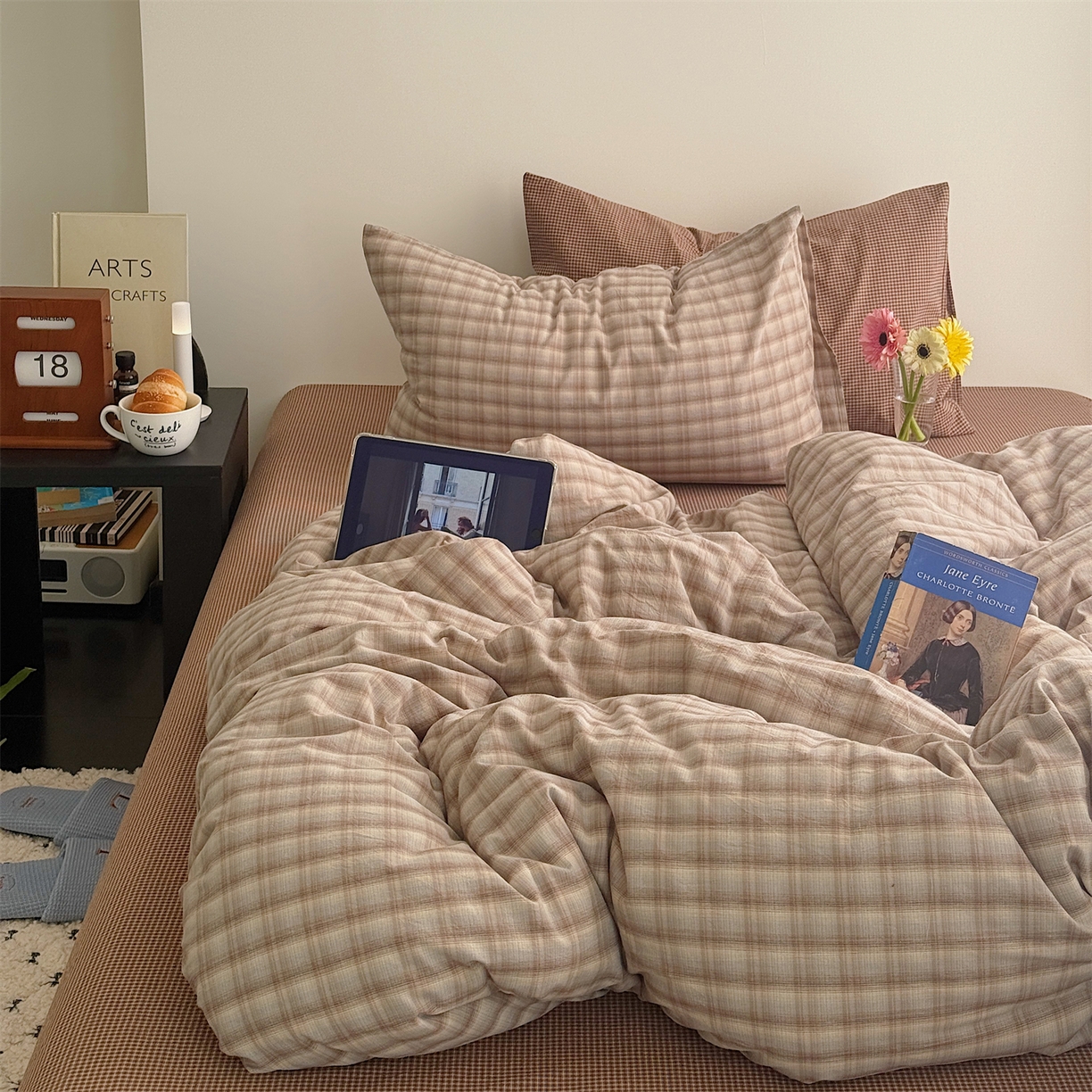 91家纺网 家纺一手货源 找家纺 （总）三朵家纺 2026新款复古简约格子混搭全棉纯棉色织水洗棉四件套