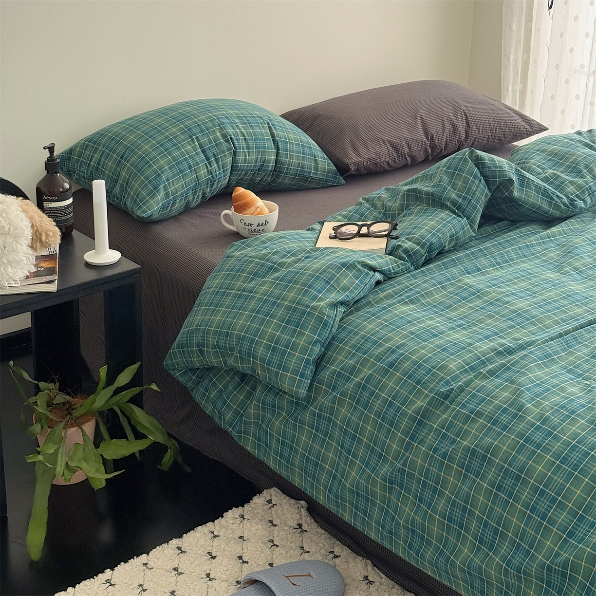 91家纺网 家纺一手货源 找家纺 三朵家纺 2026新款复古简约格子混搭全棉纯棉色织水洗棉四件套 绿格