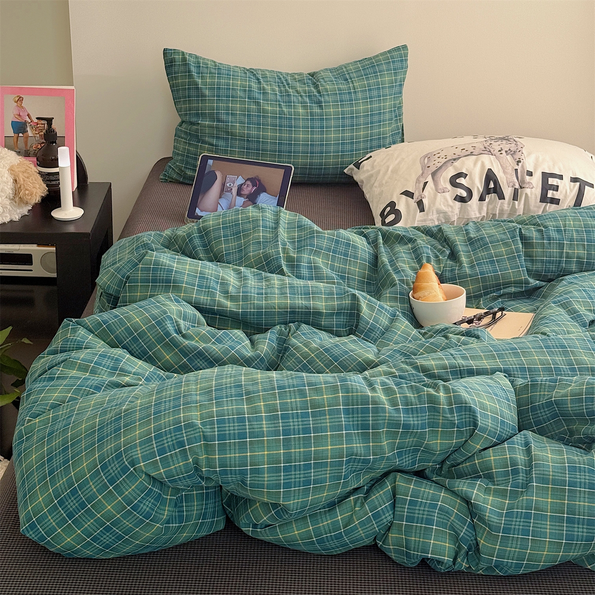 三朵家纺 2026新款复古简约格子混搭全棉纯棉色织水洗棉四件套 绿格