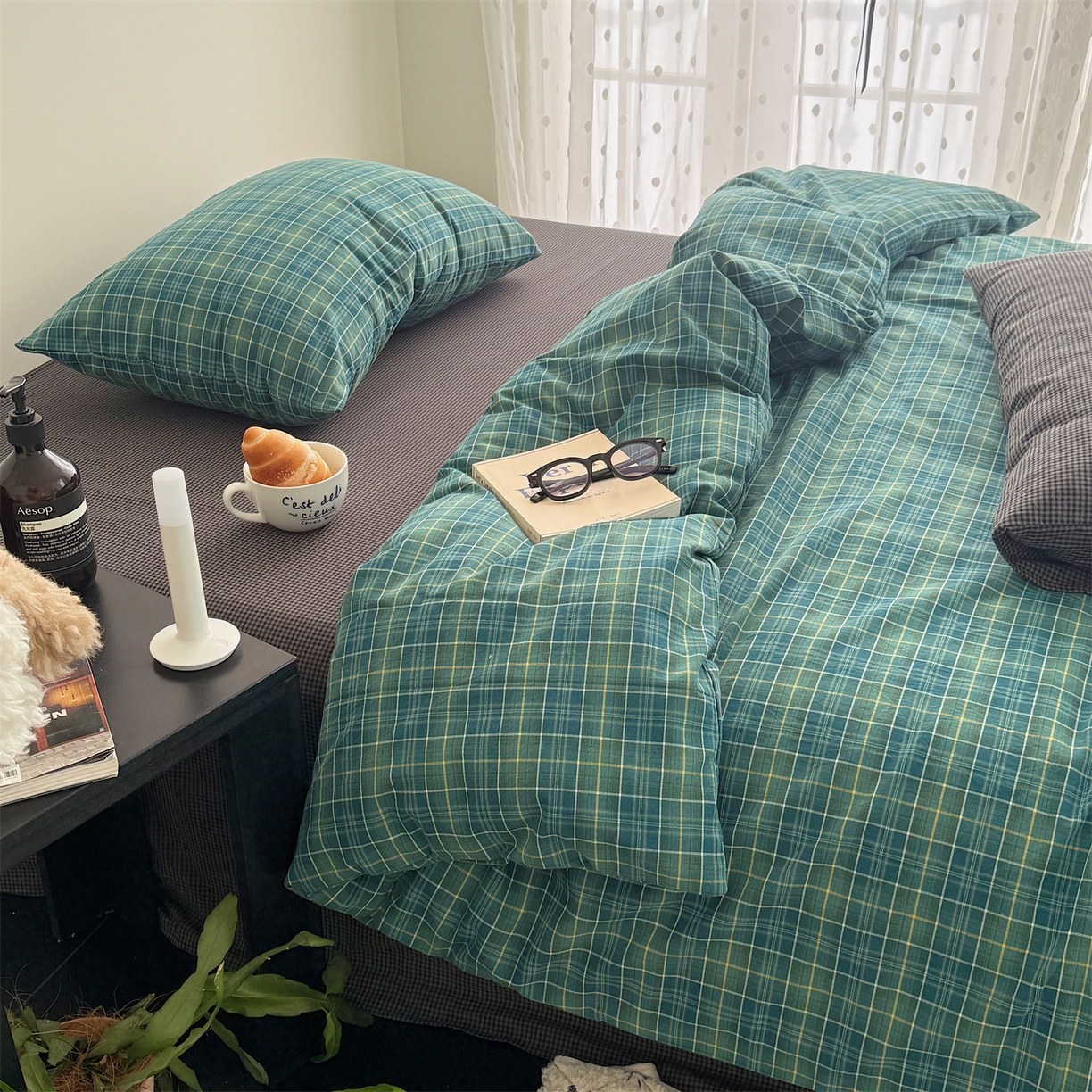 91家纺网 家纺一手货源 找家纺 三朵家纺 2026新款复古简约格子混搭全棉纯棉色织水洗棉四件套 绿格