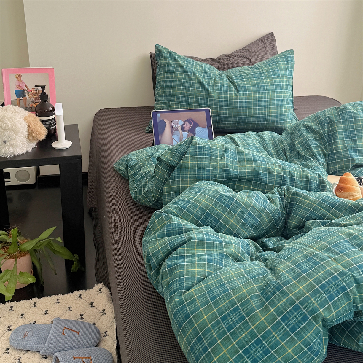 91家纺网 家纺一手货源 找家纺 三朵家纺 2026新款复古简约格子混搭全棉纯棉色织水洗棉四件套 绿格