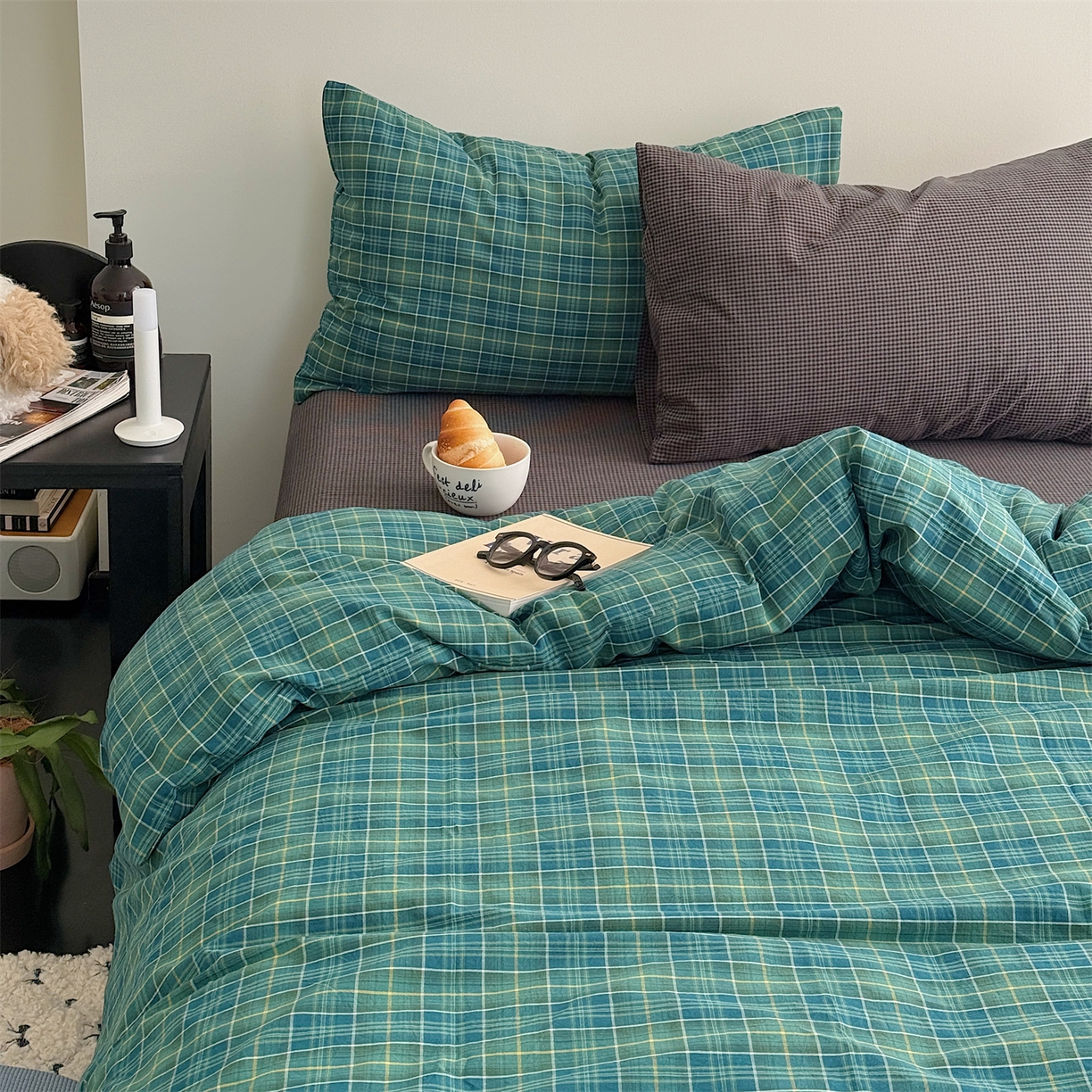 91家纺网 家纺一手货源 找家纺 三朵家纺 2026新款复古简约格子混搭全棉纯棉色织水洗棉四件套 绿格