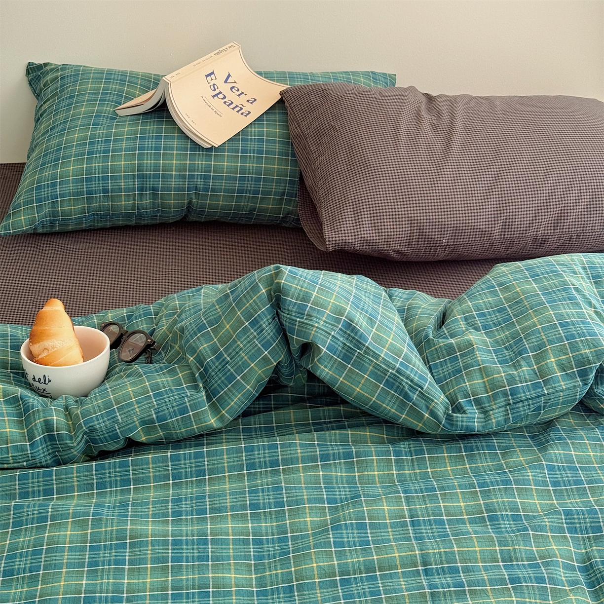 91家纺网 家纺一手货源 找家纺 三朵家纺 2026新款复古简约格子混搭全棉纯棉色织水洗棉四件套 绿格