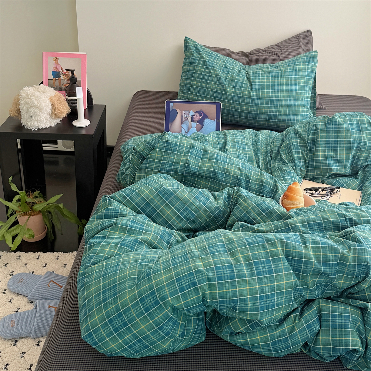 91家纺网 家纺一手货源 找家纺 三朵家纺 2026新款复古简约格子混搭全棉纯棉色织水洗棉四件套 绿格