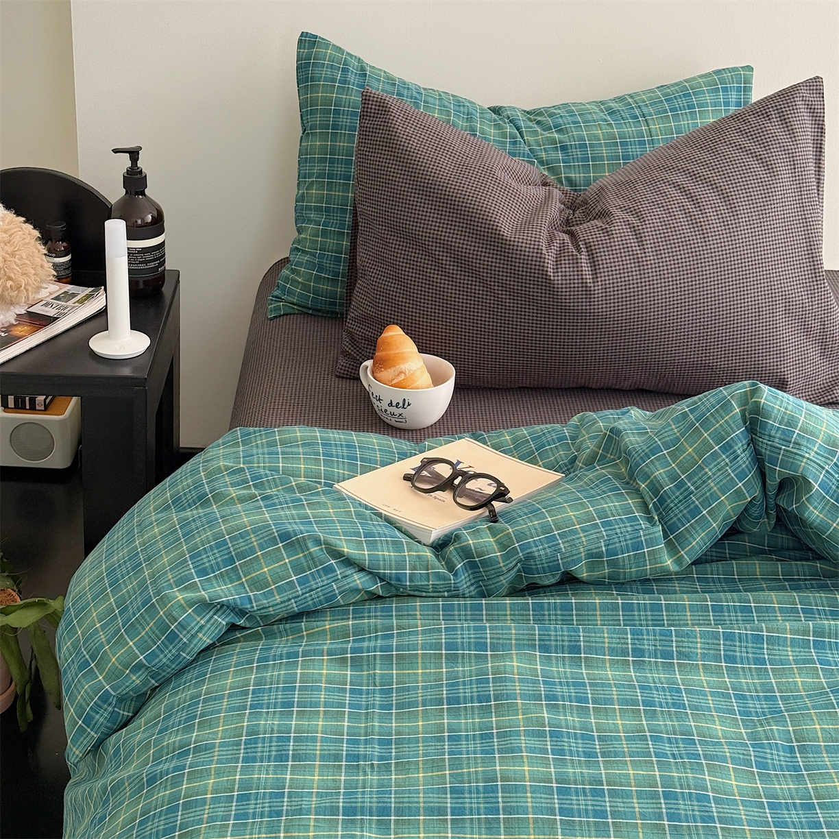 91家纺网 家纺一手货源 找家纺 三朵家纺 2026新款复古简约格子混搭全棉纯棉色织水洗棉四件套 绿格