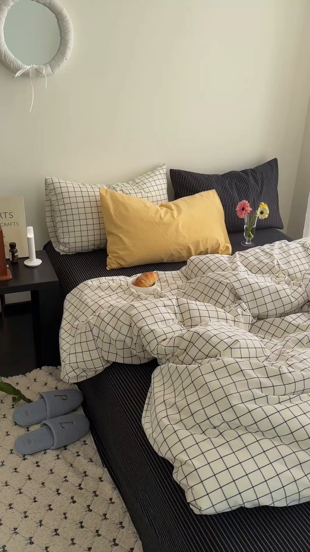 91家纺网 家纺一手货源 找家纺 三朵家纺 2026新款复古简约格子混搭全棉纯棉色织水洗棉四件套 黑白格