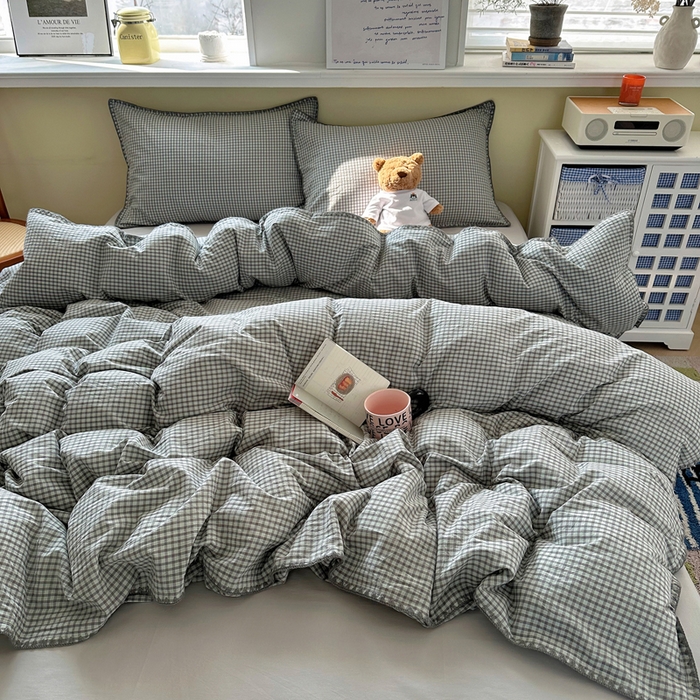 91家纺网 家纺一手货源 找家纺 XIWEN-希文家纺 2026新款40支全棉色织水洗棉贝壳边四件套 梵舍-绿