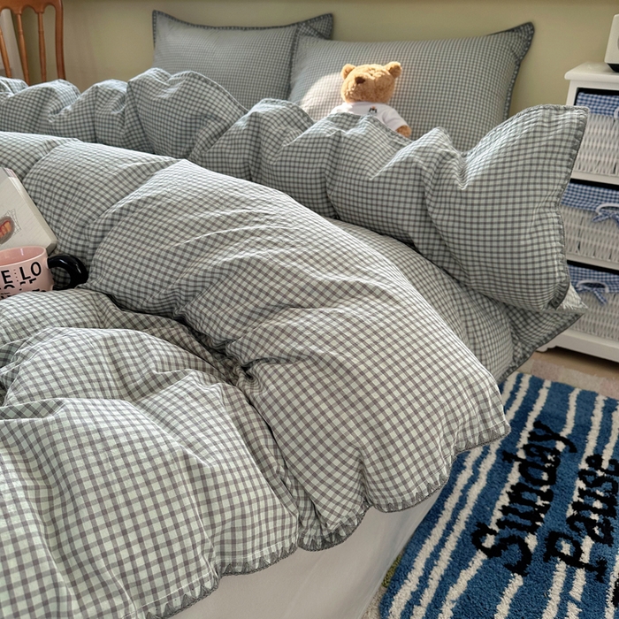 91家纺网 家纺一手货源 找家纺 XIWEN-希文家纺 2026新款40支全棉色织水洗棉贝壳边四件套 梵舍-绿