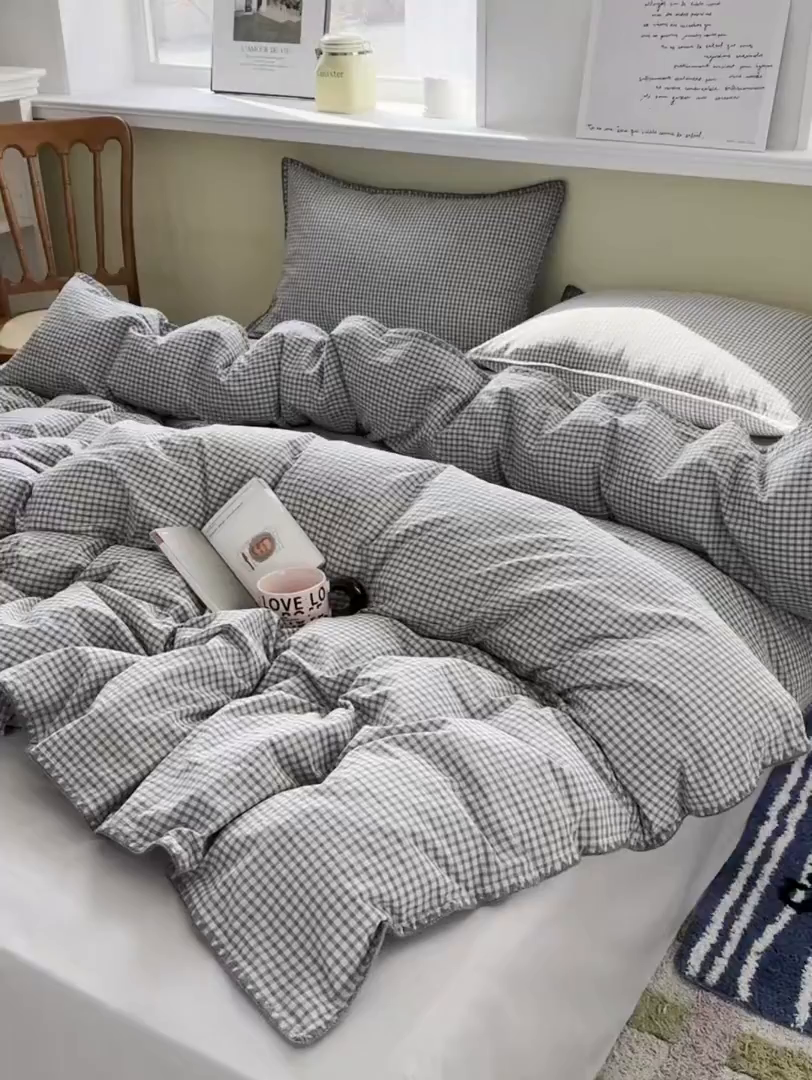 91家纺网 家纺一手货源 找家纺 XIWEN-希文家纺 2026新款40支全棉色织水洗棉贝壳边四件套 梵舍-绿