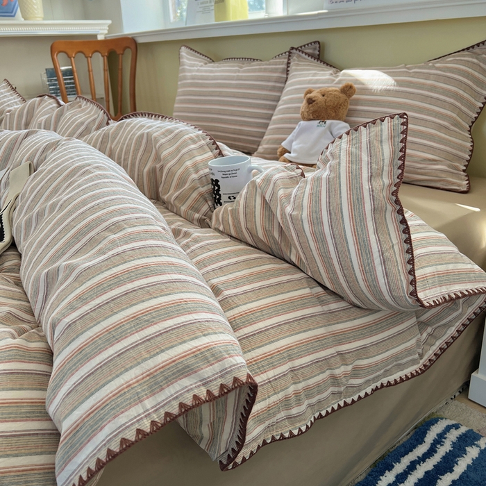 91家纺网 家纺一手货源 找家纺 XIWEN-希文家纺 2026新款40支全棉色织水洗棉贝壳边四件套 复古条