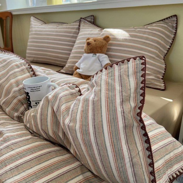 91家纺网 家纺一手货源 找家纺 XIWEN-希文家纺 2026新款40支全棉色织水洗棉贝壳边四件套 复古条