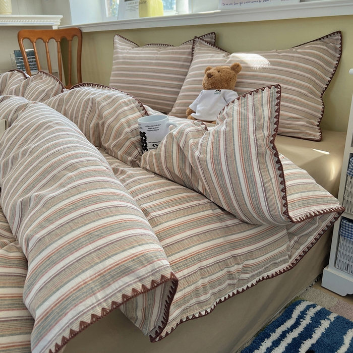 91家纺网 家纺一手货源 找家纺 XIWEN-希文家纺 2026新款40支全棉色织水洗棉贝壳边四件套 复古条