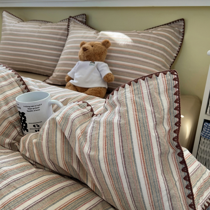 91家纺网 家纺一手货源 找家纺 XIWEN-希文家纺 2026新款40支全棉色织水洗棉贝壳边四件套 复古条