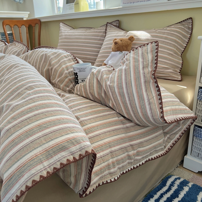 91家纺网 家纺一手货源 找家纺 XIWEN-希文家纺 2026新款40支全棉色织水洗棉贝壳边四件套 复古条