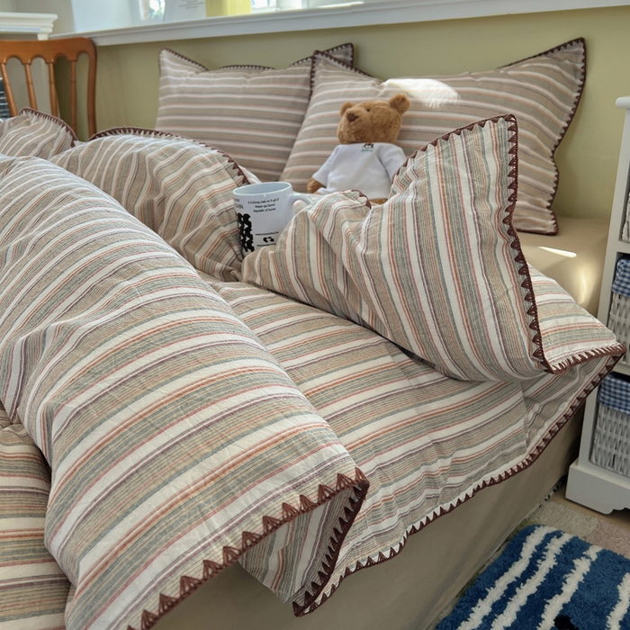 91家纺网 家纺一手货源 找家纺 XIWEN-希文家纺 2026新款40支全棉色织水洗棉贝壳边四件套 复古条