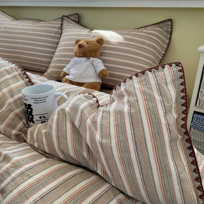 91家纺网 家纺一手货源 找家纺 XIWEN-希文家纺 2026新款40支全棉色织水洗棉贝壳边四件套 复古条