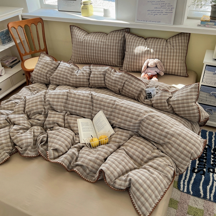 XIWEN-希文家纺 2026新款40支全棉色织水洗棉贝壳边四件套 黄昏-兰咖