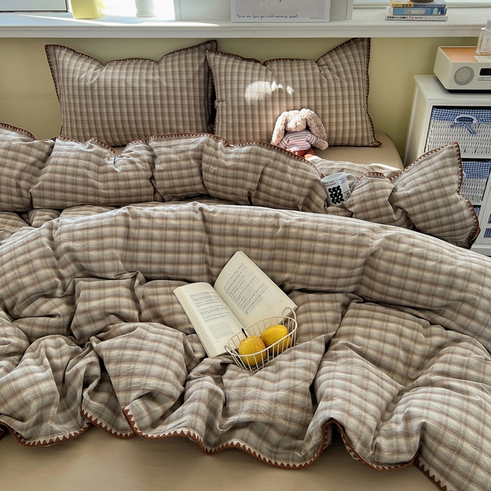 91家纺网 家纺一手货源 找家纺 XIWEN-希文家纺 2026新款40支全棉色织水洗棉贝壳边四件套 黄昏-兰咖