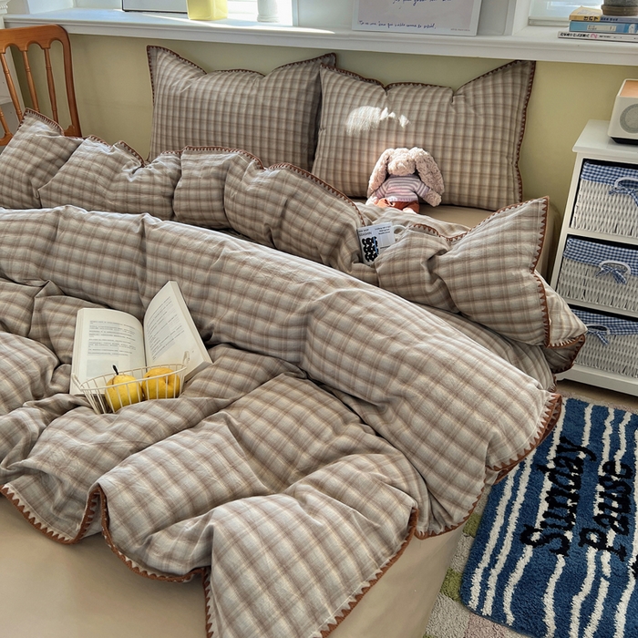 91家纺网 家纺一手货源 找家纺 XIWEN-希文家纺 2026新款40支全棉色织水洗棉贝壳边四件套 黄昏-兰咖