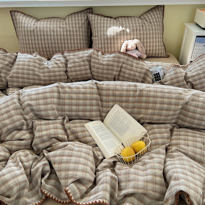 91家纺网 家纺一手货源 找家纺 XIWEN-希文家纺 2026新款40支全棉色织水洗棉贝壳边四件套 黄昏-兰咖