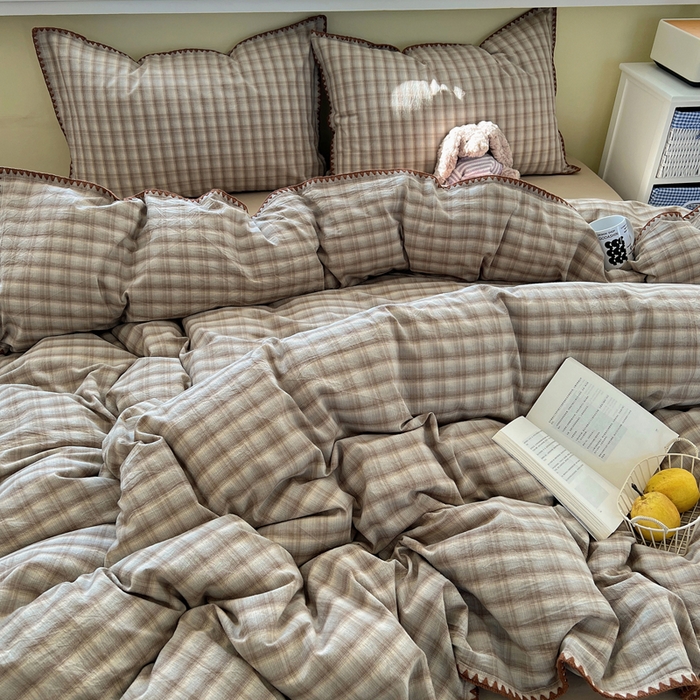 91家纺网 家纺一手货源 找家纺 XIWEN-希文家纺 2026新款40支全棉色织水洗棉贝壳边四件套 黄昏-兰咖