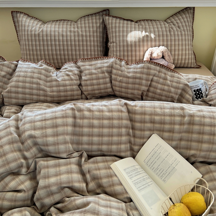 91家纺网 家纺一手货源 找家纺 XIWEN-希文家纺 2026新款40支全棉色织水洗棉贝壳边四件套 黄昏-兰咖