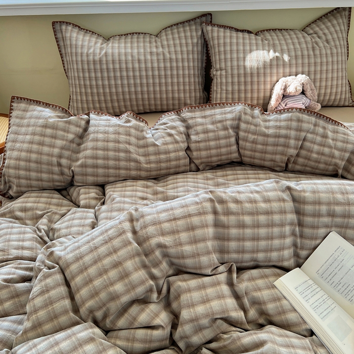 91家纺网 家纺一手货源 找家纺 XIWEN-希文家纺 2026新款40支全棉色织水洗棉贝壳边四件套 黄昏-兰咖