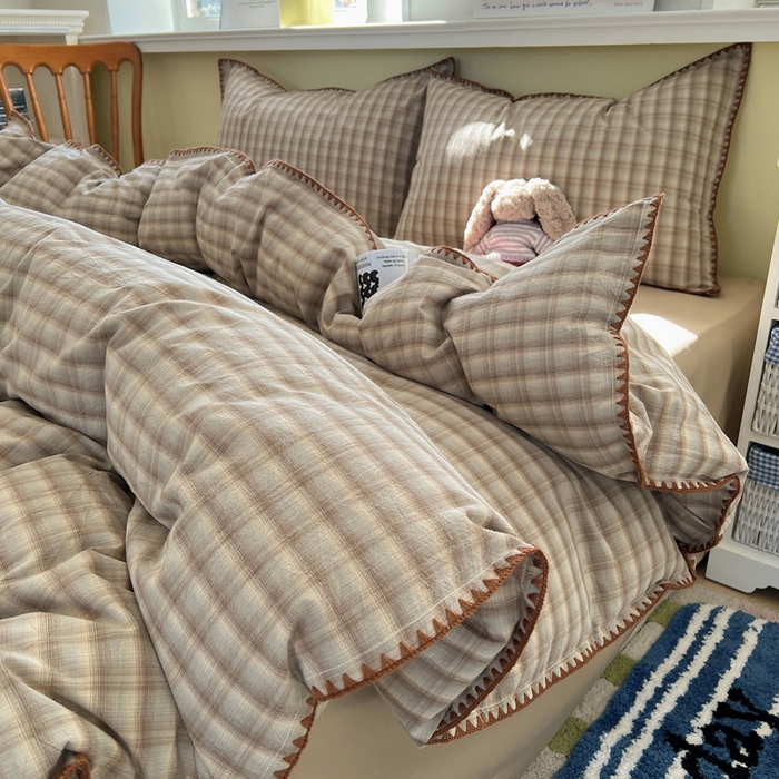 91家纺网 家纺一手货源 找家纺 XIWEN-希文家纺 2026新款40支全棉色织水洗棉贝壳边四件套 黄昏-兰咖