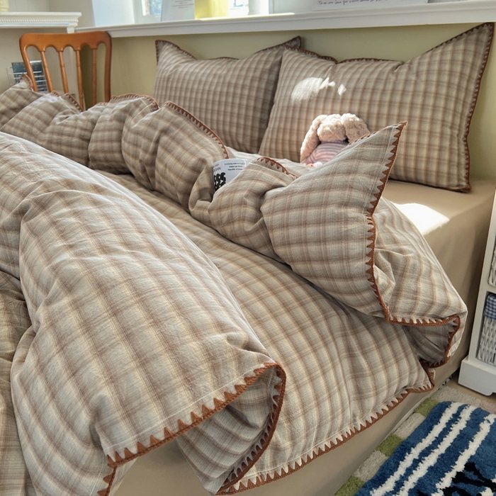 91家纺网 家纺一手货源 找家纺 XIWEN-希文家纺 2026新款40支全棉色织水洗棉贝壳边四件套 黄昏-兰咖