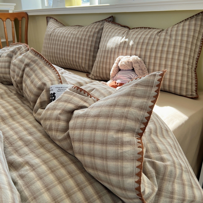 91家纺网 家纺一手货源 找家纺 XIWEN-希文家纺 2026新款40支全棉色织水洗棉贝壳边四件套 黄昏-兰咖