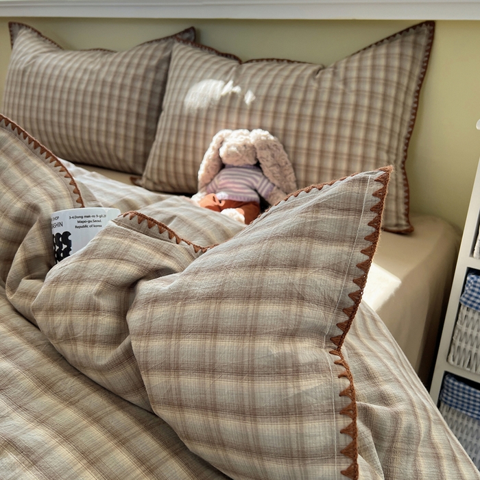 91家纺网 家纺一手货源 找家纺 XIWEN-希文家纺 2026新款40支全棉色织水洗棉贝壳边四件套 黄昏-兰咖