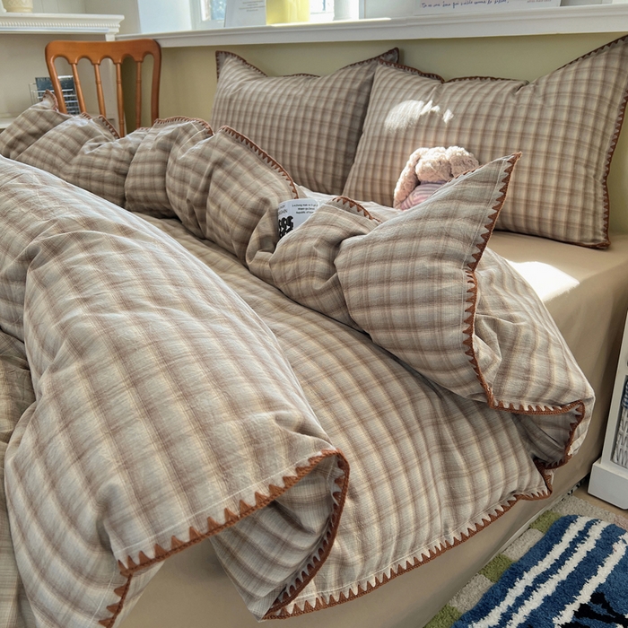 91家纺网 家纺一手货源 找家纺 XIWEN-希文家纺 2026新款40支全棉色织水洗棉贝壳边四件套 黄昏-兰咖