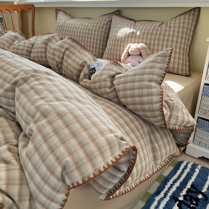 91家纺网 家纺一手货源 找家纺 XIWEN-希文家纺 2026新款40支全棉色织水洗棉贝壳边四件套 黄昏-兰咖