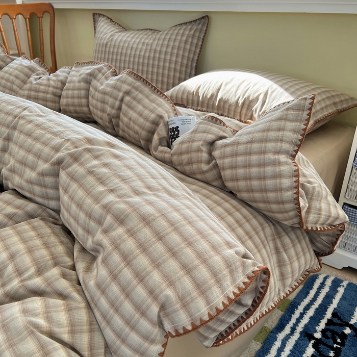 91家纺网 家纺一手货源 找家纺 XIWEN-希文家纺 2026新款40支全棉色织水洗棉贝壳边四件套 黄昏-兰咖