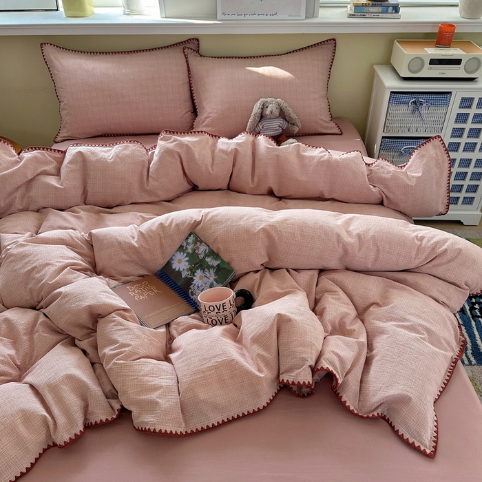 91家纺网 家纺一手货源 找家纺 XIWEN-希文家纺 2026新款40支全棉色织水洗棉贝壳边四件套 米菲-粉