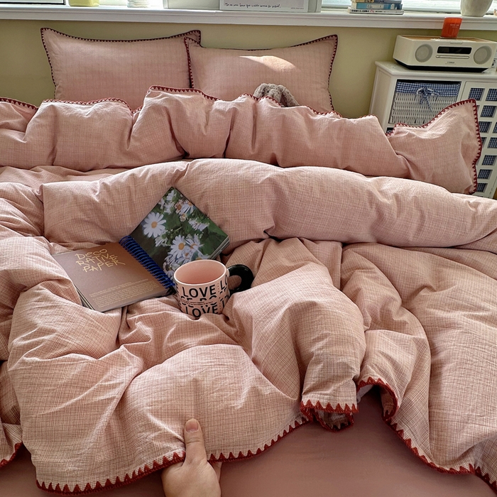 91家纺网 家纺一手货源 找家纺 XIWEN-希文家纺 2026新款40支全棉色织水洗棉贝壳边四件套 米菲-粉