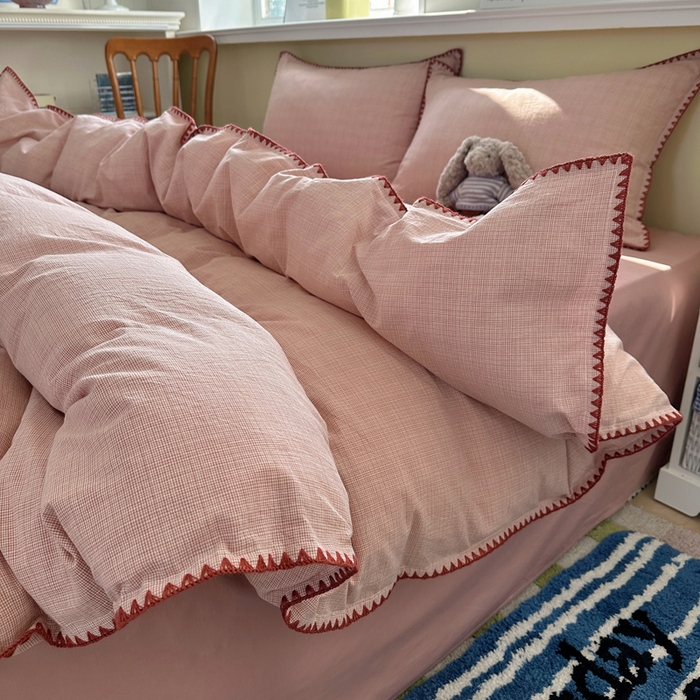 91家纺网 家纺一手货源 找家纺 XIWEN-希文家纺 2026新款40支全棉色织水洗棉贝壳边四件套 米菲-粉