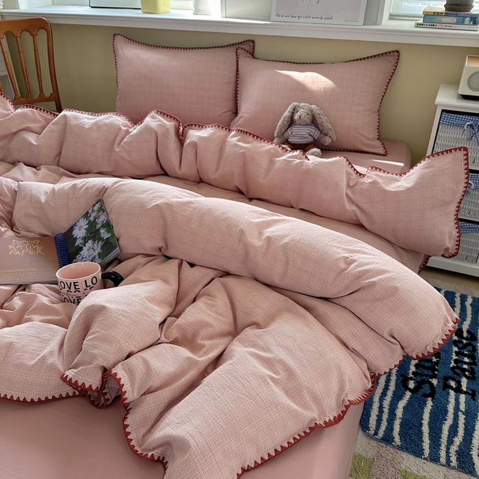 91家纺网 家纺一手货源 找家纺 XIWEN-希文家纺 2026新款40支全棉色织水洗棉贝壳边四件套 米菲-粉