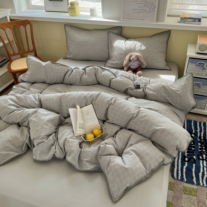 XIWEN-希文家纺 2026新款40支全棉色织水洗棉贝壳边四件套 米菲-灰