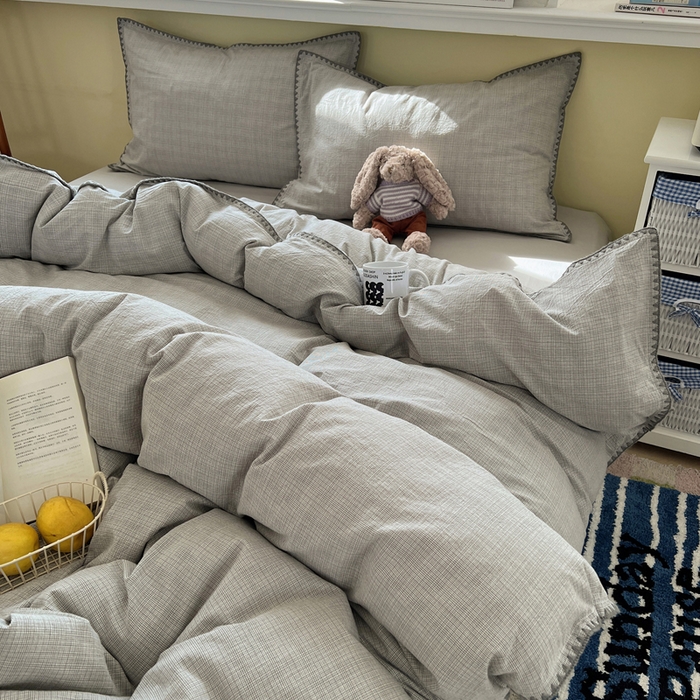 91家纺网 家纺一手货源 找家纺 XIWEN-希文家纺 2026新款40支全棉色织水洗棉贝壳边四件套 米菲-灰