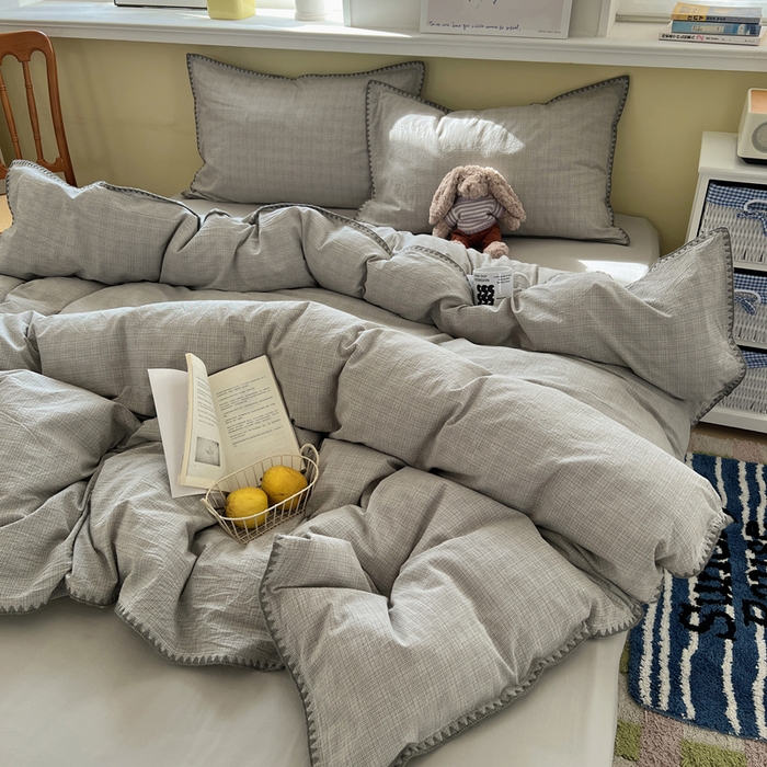 91家纺网 家纺一手货源 找家纺 XIWEN-希文家纺 2026新款40支全棉色织水洗棉贝壳边四件套 米菲-灰