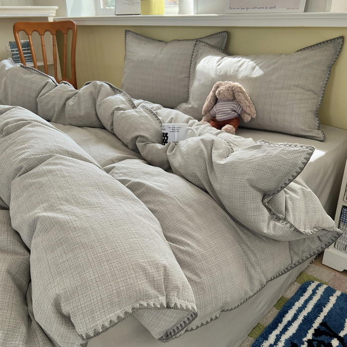 91家纺网 家纺一手货源 找家纺 XIWEN-希文家纺 2026新款40支全棉色织水洗棉贝壳边四件套 米菲-灰