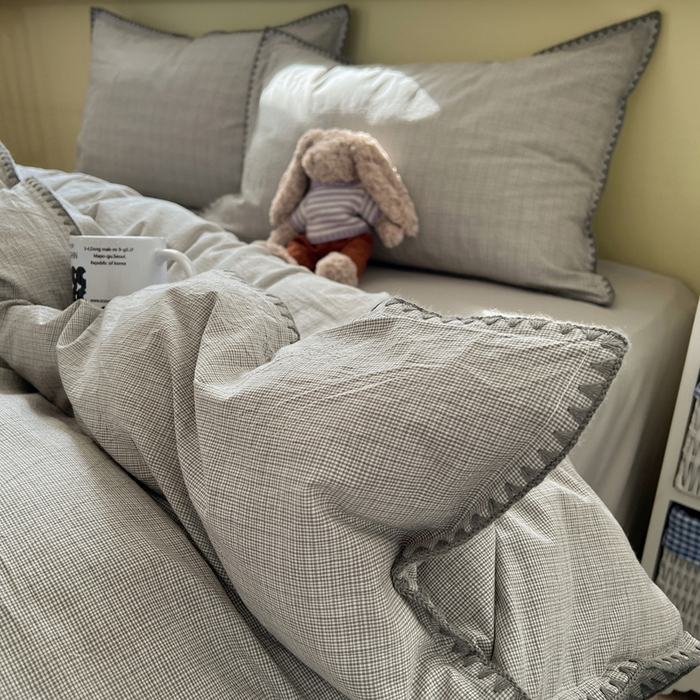 91家纺网 家纺一手货源 找家纺 XIWEN-希文家纺 2026新款40支全棉色织水洗棉贝壳边四件套 米菲-灰