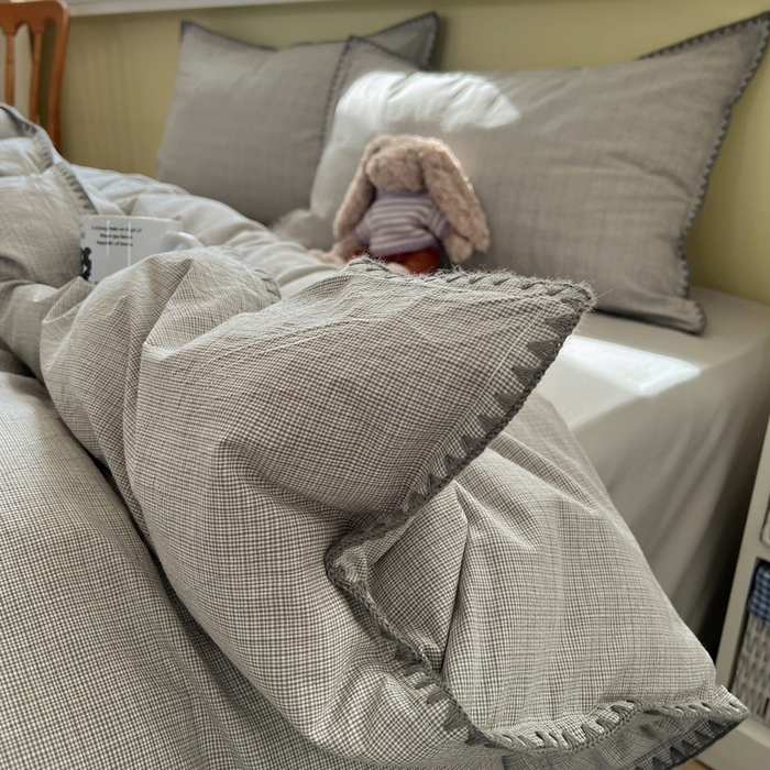 91家纺网 家纺一手货源 找家纺 XIWEN-希文家纺 2026新款40支全棉色织水洗棉贝壳边四件套 米菲-灰