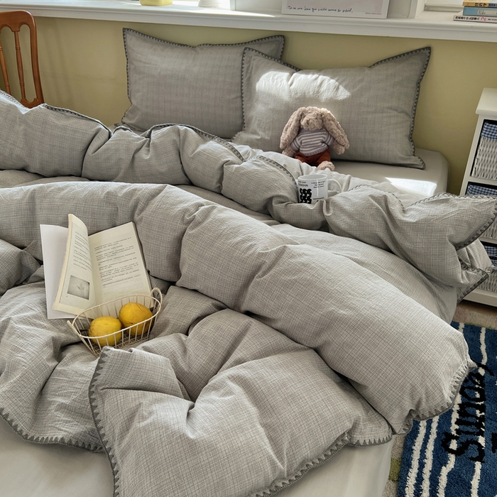 91家纺网 家纺一手货源 找家纺 XIWEN-希文家纺 2026新款40支全棉色织水洗棉贝壳边四件套 米菲-灰