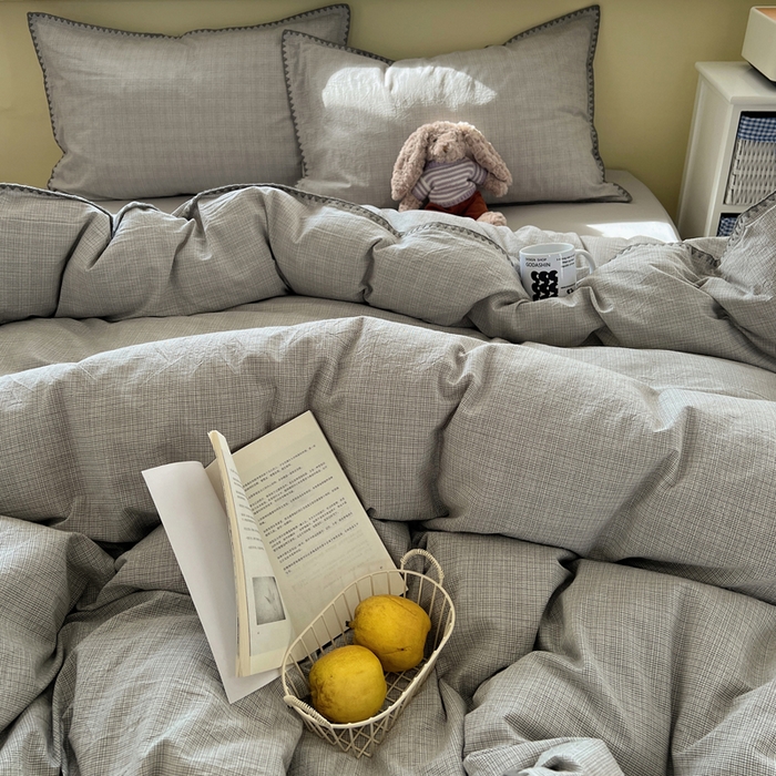 91家纺网 家纺一手货源 找家纺 XIWEN-希文家纺 2026新款40支全棉色织水洗棉贝壳边四件套 米菲-灰