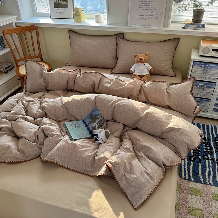 XIWEN-希文家纺 2026新款40支全棉色织水洗棉贝壳边四件套 米菲-卡其