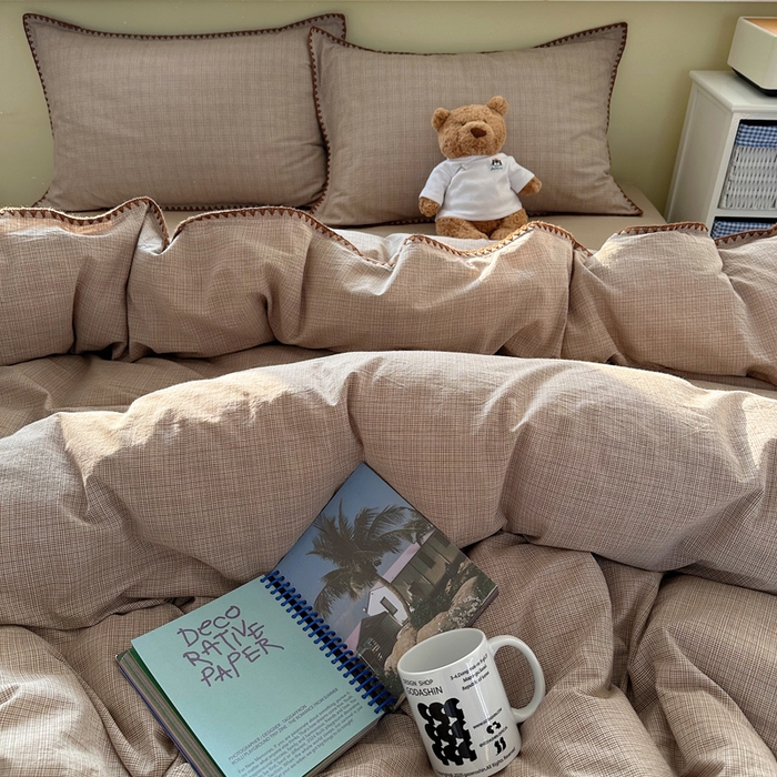 91家纺网 家纺一手货源 找家纺 XIWEN-希文家纺 2026新款40支全棉色织水洗棉贝壳边四件套 米菲-卡其